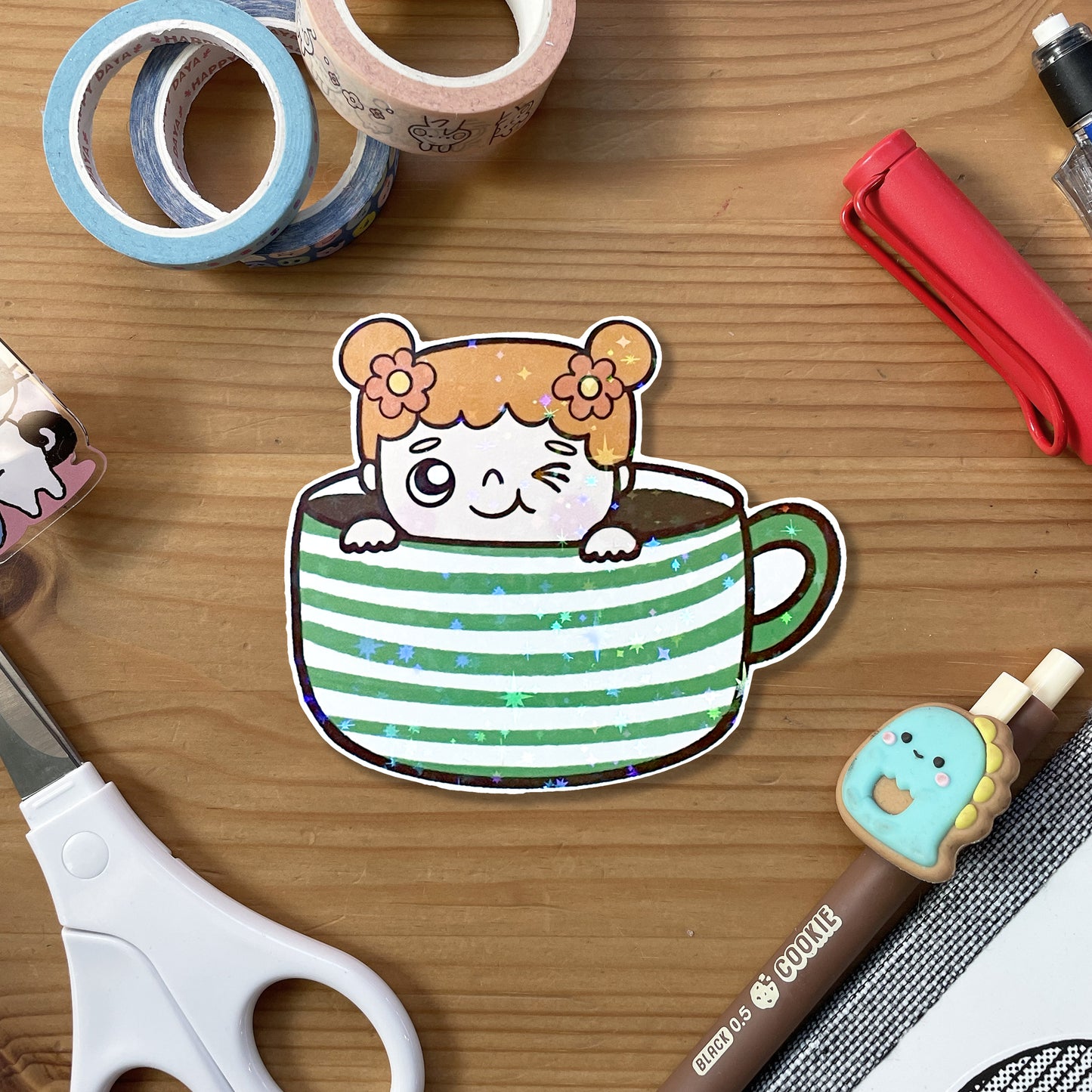 Tea Cup Nori Glitter Vinyl Sticker